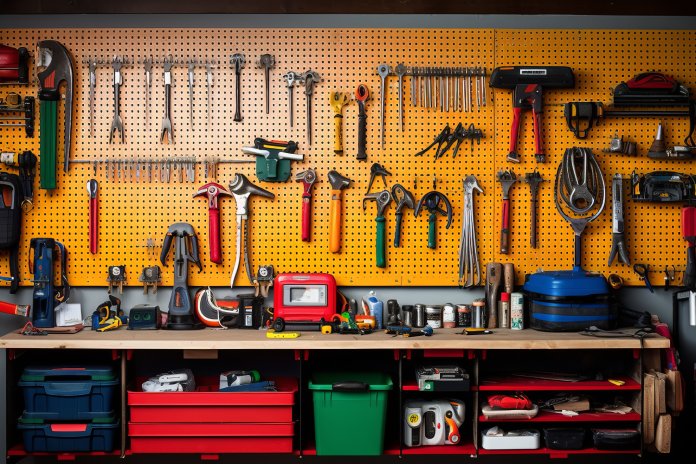 A properly organized home woodworking space with various tools stored below and hanging on the wall above the workbench.